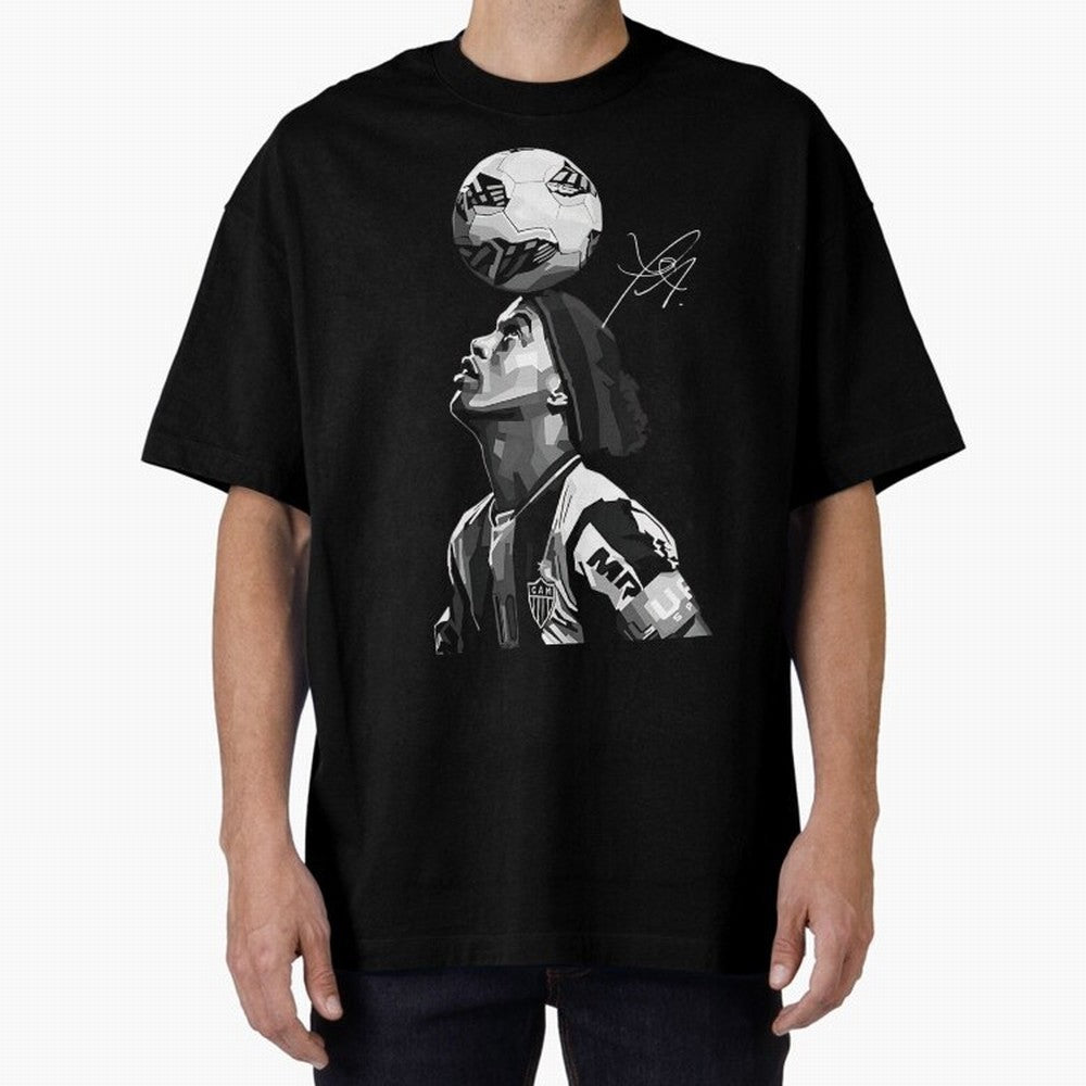 Ronaldinho - black white Oversized T-Shirt Treasure FIFA World Cup 2026 Group Stage Capturing Mbappe and Neymar, Argentina and Brazil Energy, Fan Favorite Moments, National Team Passion, Big Match Drama and Soccer History; Ideal for Fans Who Follow