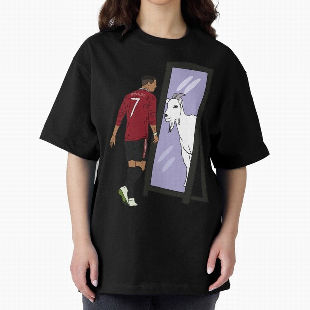 Cristiano Ronaldo Mirror GOAT Oversized T-Shirt Represent the FIFA World Cup 2026 Group Stage Journey through Mbappe Highlights, Spain Pride, Retro Football Energy, Iconic Rivalries, Trophy Chase Drama and Stadium Atmosphere; Ideal for Football