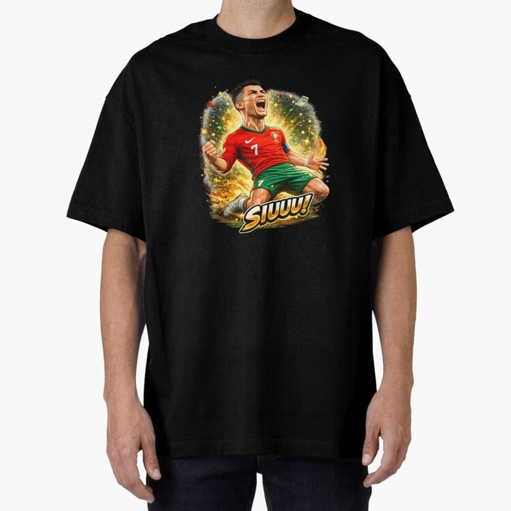 CR7 SIUUU Celebration Cartoon ¨C Legendary Football Goal Celebration Oversized T-Shirt Remember Iconic Moments from the FIFA World Cup 2026 Group Stage Journey through Cristiano Ronaldo, Haaland and CR7 Highlights, Brazil Pride, Classic Soccer