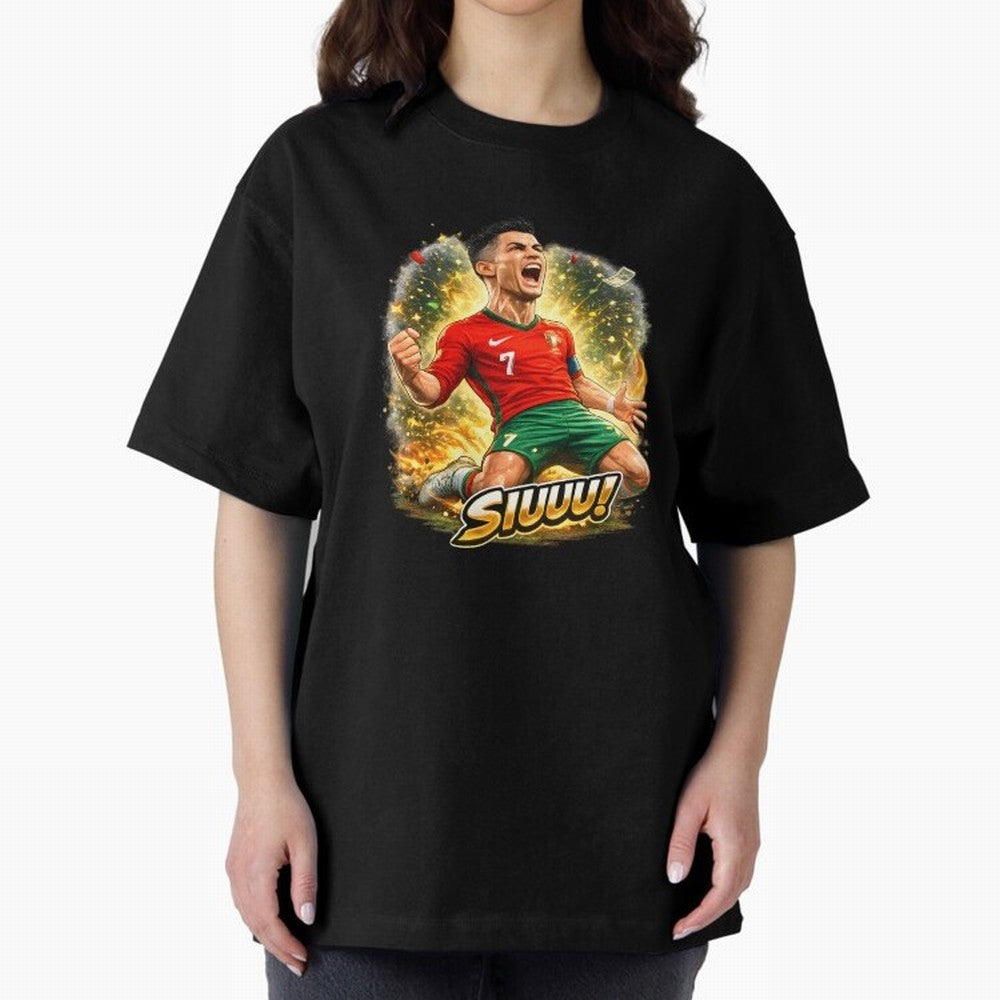 CR7 SIUUU Celebration Cartoon ¨C Legendary Football Goal Celebration Oversized T-Shirt Remember Iconic Moments from the FIFA World Cup 2026 Group Stage Journey through Cristiano Ronaldo, Haaland and CR7 Highlights, Brazil Pride, Classic Soccer