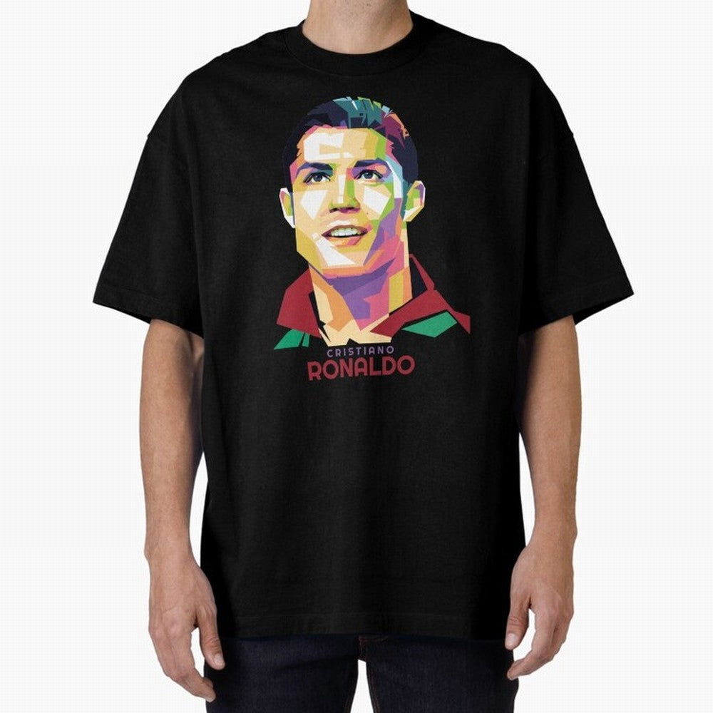Geometric Celebrity Cristiano Ronaldo Oversized T-Shirt Keep Football History Alive during Global Football Passion for FIFA World Cup 2026 Group Stage, Built around Messi, Neymar and Mbappe, Netherlands, Supporter Pride, Iconic Celebrations,