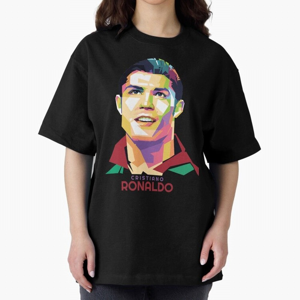 Geometric Celebrity Cristiano Ronaldo Oversized T-Shirt Keep Football History Alive during Global Football Passion for FIFA World Cup 2026 Group Stage, Built around Messi, Neymar and Mbappe, Netherlands, Supporter Pride, Iconic Celebrations,