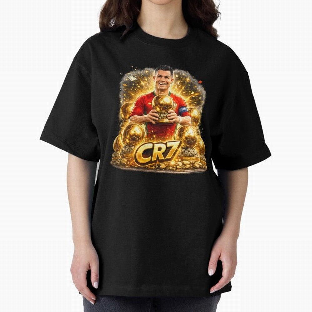 CR7 Five Ballon d'Or Trophies Cartoon ¨C Football Legend Illustration Oversized T-Shirt Bring Supporter Culture to FIFA World Cup 2026 Group Stage for Fans of Neymar, Haaland and Cristiano Ronaldo and Argentina and Brazil, Bringing Global Supporter