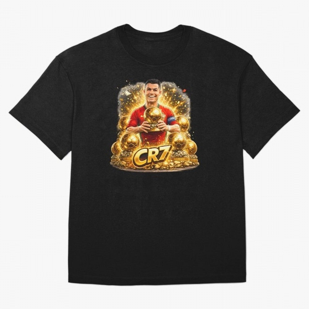 CR7 Five Ballon d'Or Trophies Cartoon ¨C Football Legend Illustration Oversized T-Shirt Bring Supporter Culture to FIFA World Cup 2026 Group Stage for Fans of Neymar, Haaland and Cristiano Ronaldo and Argentina and Brazil, Bringing Global Supporter