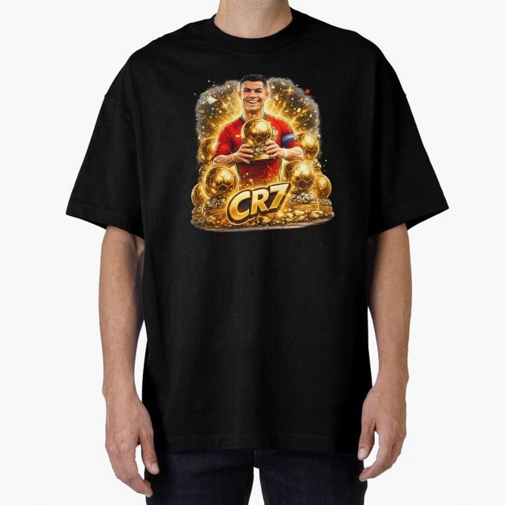 CR7 Five Ballon d'Or Trophies Cartoon ¨C Football Legend Illustration Oversized T-Shirt Bring Supporter Culture to FIFA World Cup 2026 Group Stage for Fans of Neymar, Haaland and Cristiano Ronaldo and Argentina and Brazil, Bringing Global Supporter