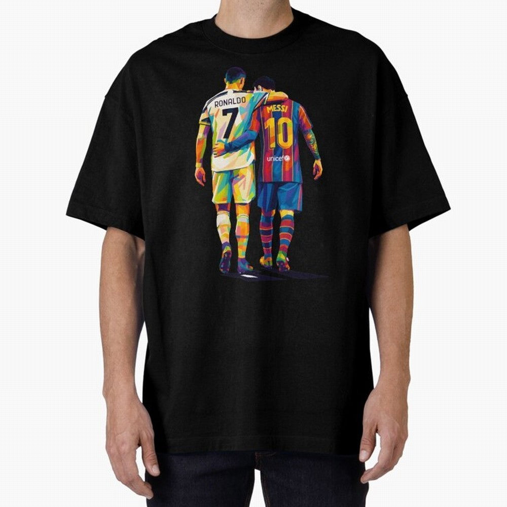 Cristiano Ronaldo and Messi Wpap Art Oversized T-Shirt Honor Football Greatness during FIFA World Cup 2026 for Fans of Mbappe and Brazil, Bringing Football History, Final Match Energy, Crowd Noise and Once in a Lifetime Moments; Perfect for