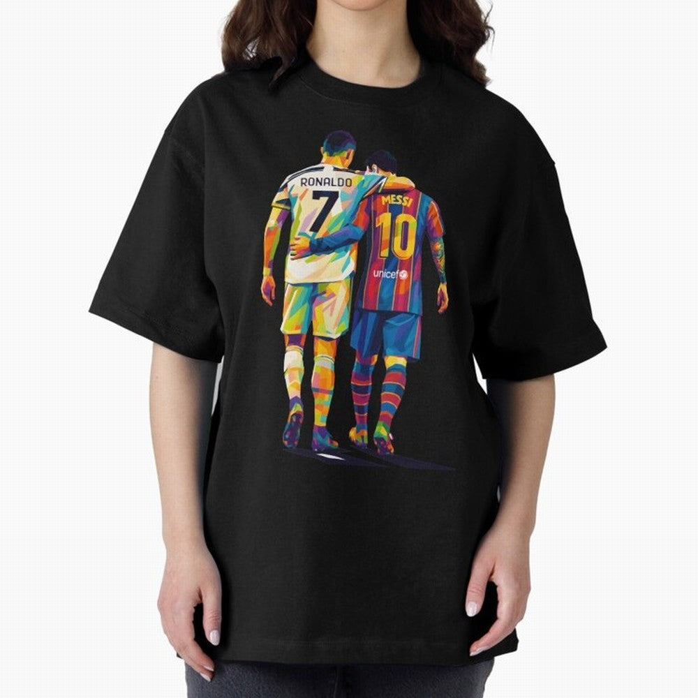 Cristiano Ronaldo and Messi Wpap Art Oversized T-Shirt Honor Football Greatness during FIFA World Cup 2026 for Fans of Mbappe and Brazil, Bringing Football History, Final Match Energy, Crowd Noise and Once in a Lifetime Moments; Perfect for