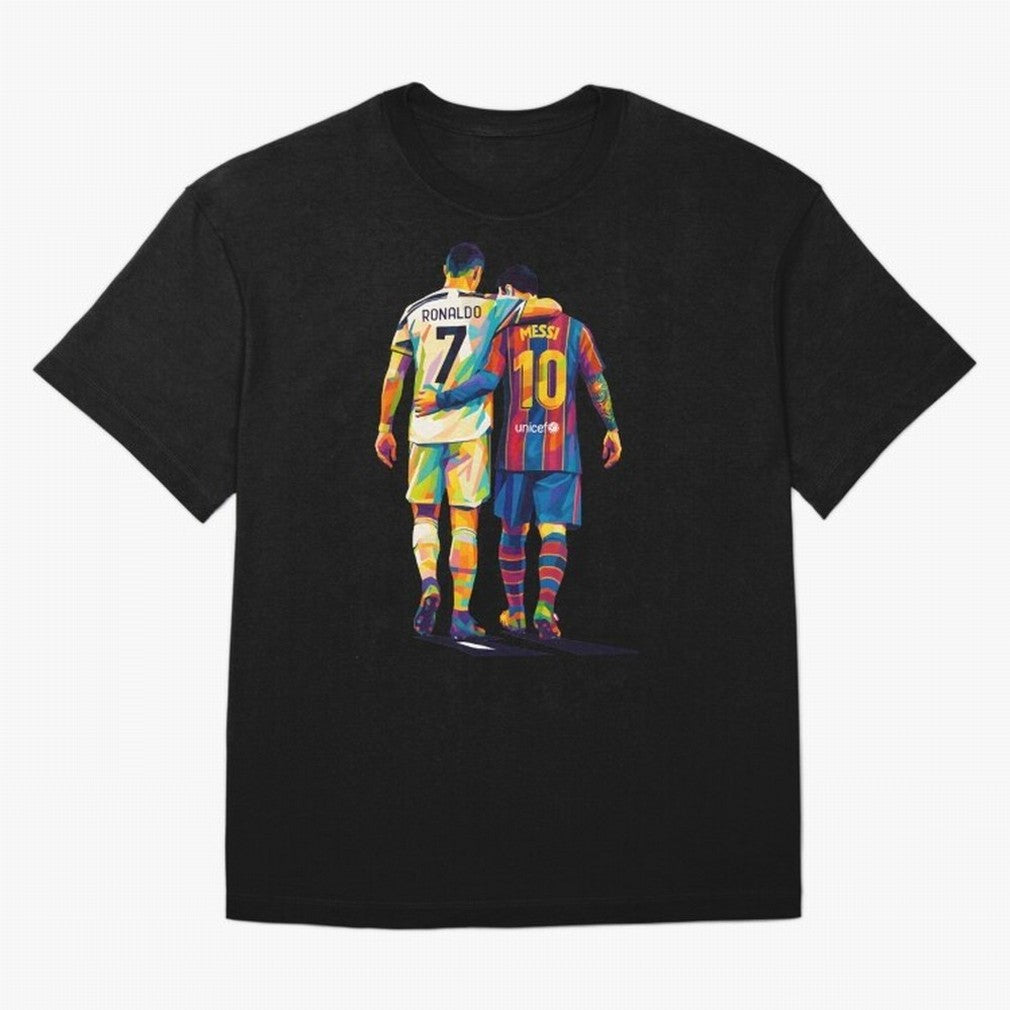 Cristiano Ronaldo and Messi Wpap Art Oversized T-Shirt Honor Football Greatness during FIFA World Cup 2026 for Fans of Mbappe and Brazil, Bringing Football History, Final Match Energy, Crowd Noise and Once in a Lifetime Moments; Perfect for