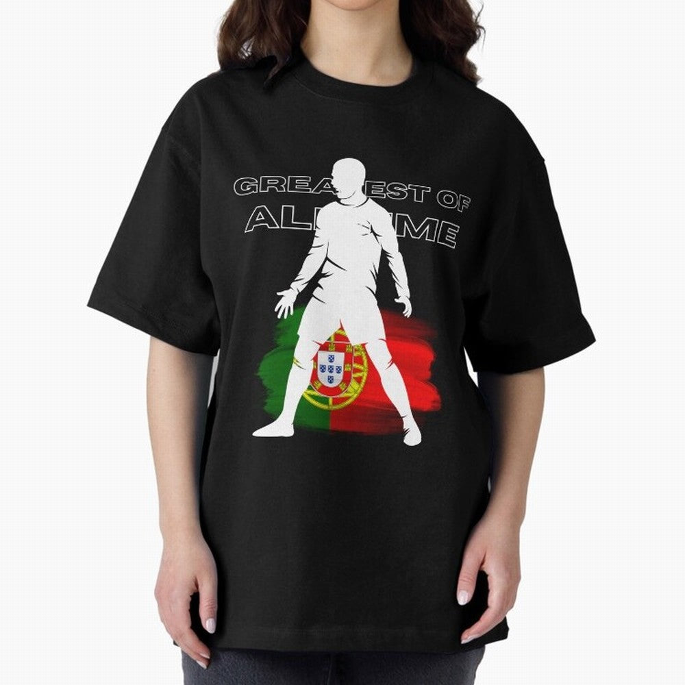 Cristiano Ronaldo Portugal Greatest Of All Time Oversized T-Shirt Honor Football Greatness during Match Day Hype around FIFA World Cup 2026 Group Stage, Cristiano Ronaldo, Haaland and CR7, Portugal, Spain and Germany, Champion Mindset, Group Stage