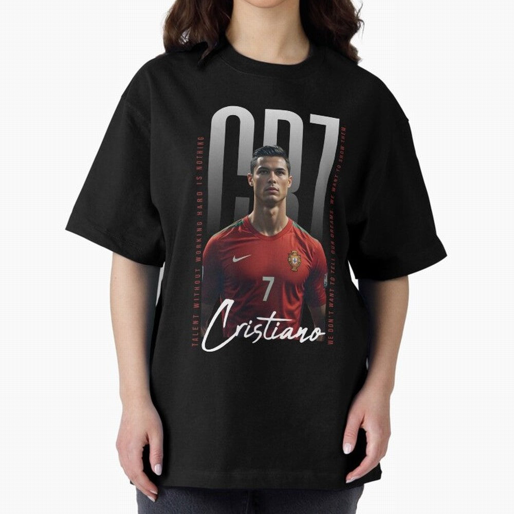 Cristiano Ronaldo Oversized T-Shirt Celebrate Fan Favorites in Match Day Hype around FIFA World Cup 2026, Messi, CR7 and Mbappe, Portugal, Spain and Germany, Worldwide Fan Energy, Dramatic Goals, Stadium Lights and Championship Celebrations;