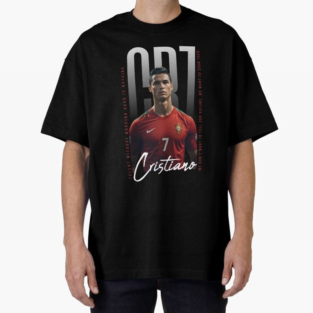 Cristiano Ronaldo Oversized T-Shirt Celebrate Fan Favorites in Match Day Hype around FIFA World Cup 2026, Messi, CR7 and Mbappe, Portugal, Spain and Germany, Worldwide Fan Energy, Dramatic Goals, Stadium Lights and Championship Celebrations;