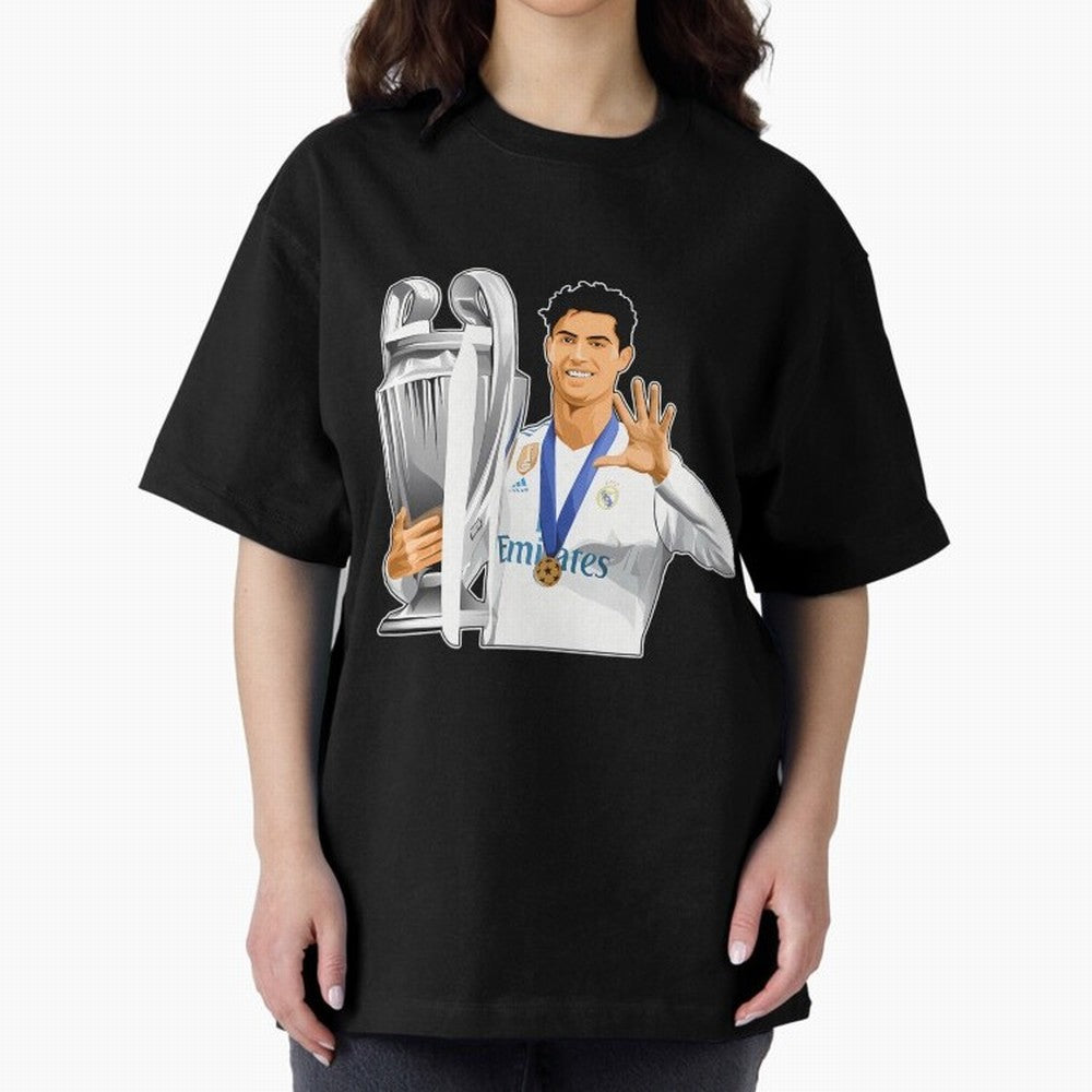 Ronaldo Throphy Oversized T-Shirt Honor the Beautiful Game during Match Day Hype around FIFA World Cup 2026 USA Canada Mexico, Cristiano Ronaldo, Haaland and CR7, England and Germany, Football Festival Excitement, Trophy Ambitions, Country