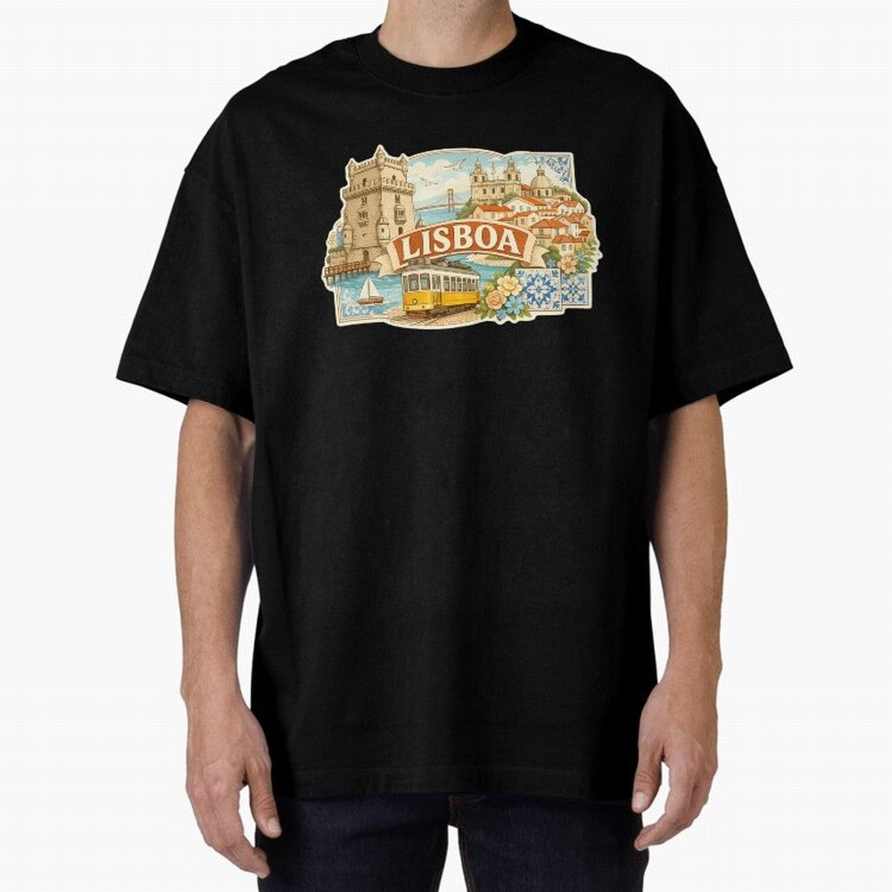 Vintage Tram Lisbon Illustration Oversized T-Shirt Celebrate Classic Football Spirit in FIFA World Cup 2026 for Fans of Messi, Neymar and Mbappe and Netherlands, Bringing Match Day Excitement, Supporter Culture, Golden Goals and Global Football
