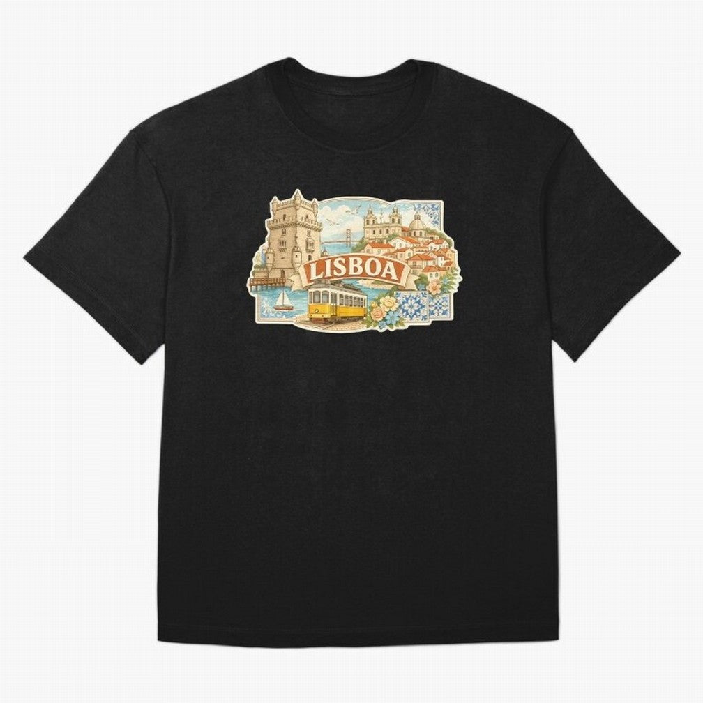 Vintage Tram Lisbon Illustration Oversized T-Shirt Celebrate Classic Football Spirit in FIFA World Cup 2026 for Fans of Messi, Neymar and Mbappe and Netherlands, Bringing Match Day Excitement, Supporter Culture, Golden Goals and Global Football
