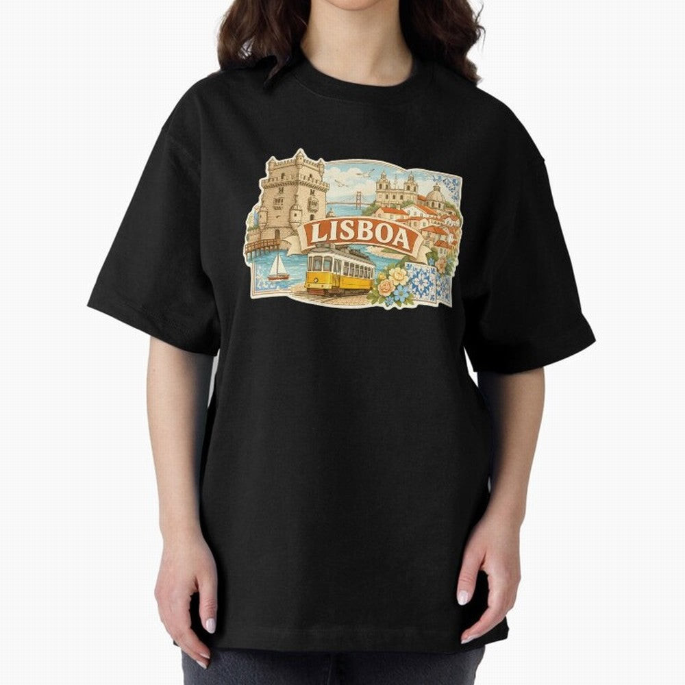 Vintage Tram Lisbon Illustration Oversized T-Shirt Celebrate Classic Football Spirit in FIFA World Cup 2026 for Fans of Messi, Neymar and Mbappe and Netherlands, Bringing Match Day Excitement, Supporter Culture, Golden Goals and Global Football