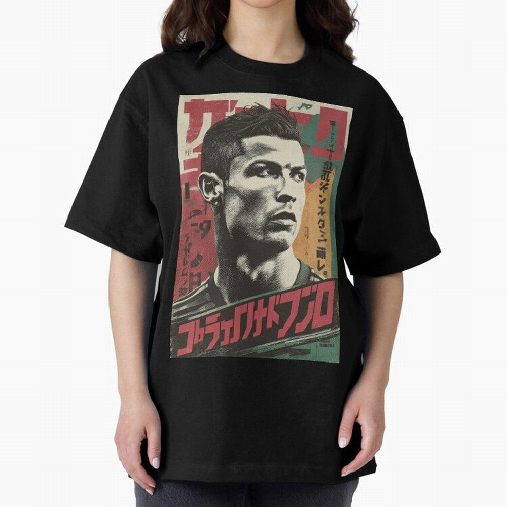 Cristiano Vintage Warned Japanese Poster Oversized T-Shirt Celebrate Supporters United by Global Football Passion for FIFA World Cup 2026, Connected to Messi, CR7 and Mbappe, Portugal, Spain and Germany, Fan Favorite Moments, National Team Passion,