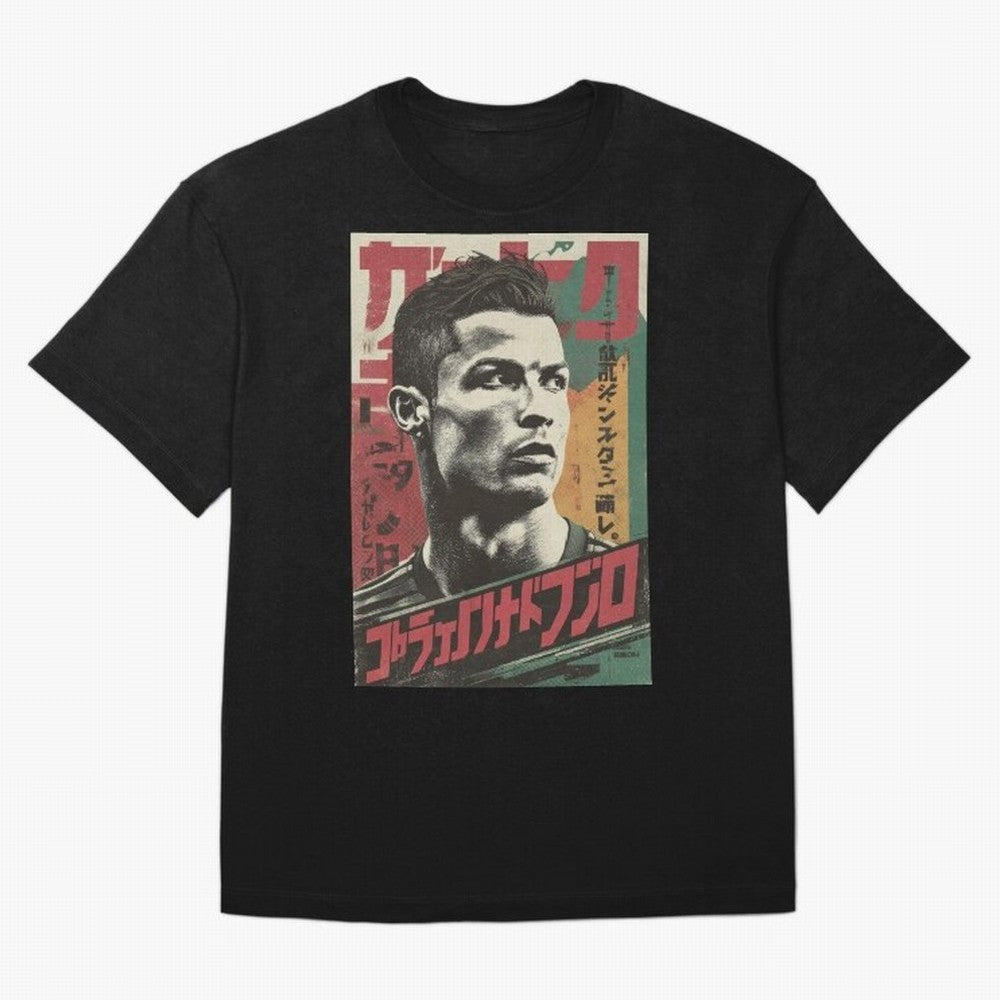 Cristiano Vintage Warned Japanese Poster Oversized T-Shirt Celebrate Supporters United by Global Football Passion for FIFA World Cup 2026, Connected to Messi, CR7 and Mbappe, Portugal, Spain and Germany, Fan Favorite Moments, National Team Passion,