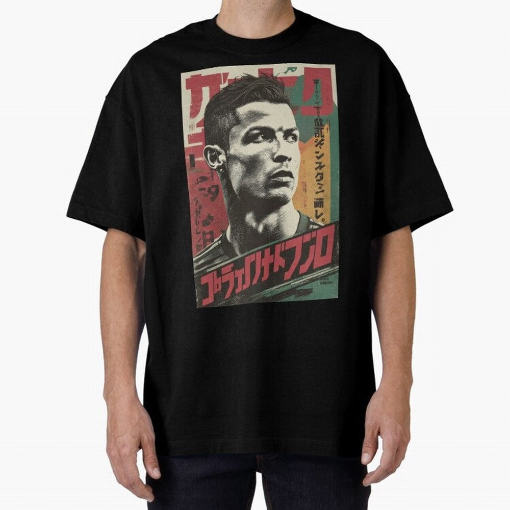 Cristiano Vintage Warned Japanese Poster Oversized T-Shirt Celebrate Supporters United by Global Football Passion for FIFA World Cup 2026, Connected to Messi, CR7 and Mbappe, Portugal, Spain and Germany, Fan Favorite Moments, National Team Passion,
