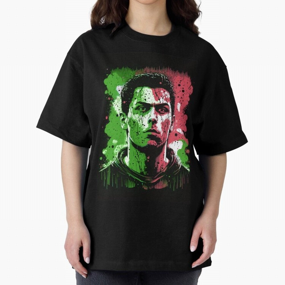 Cristiano Ronaldo Oversized T-Shirt Bring Champion Energy into Global Football Passion for FIFA World Cup 2026 Group Stage, Highlighting Haaland and Mbappe, France, Retro Football Energy, Iconic Rivalries, Trophy Chase Drama and Stadium Atmosphere;