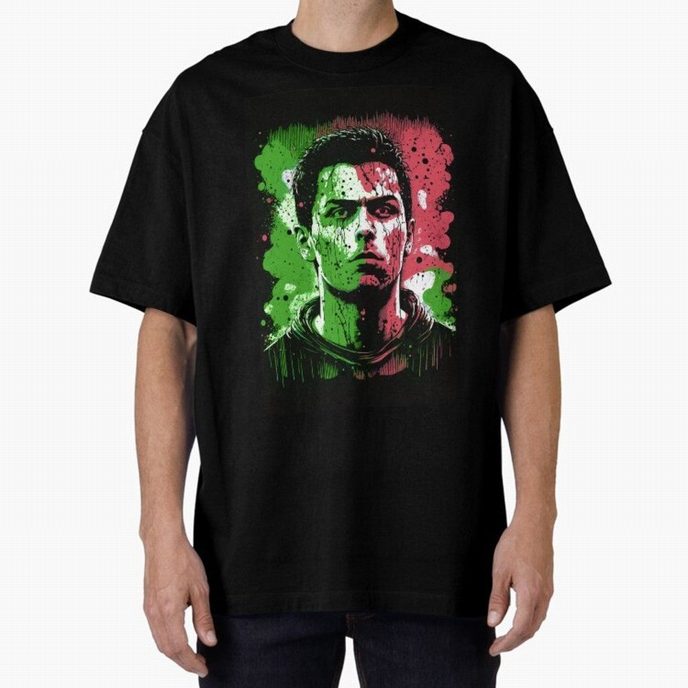 Cristiano Ronaldo Oversized T-Shirt Bring Champion Energy into Global Football Passion for FIFA World Cup 2026 Group Stage, Highlighting Haaland and Mbappe, France, Retro Football Energy, Iconic Rivalries, Trophy Chase Drama and Stadium Atmosphere;
