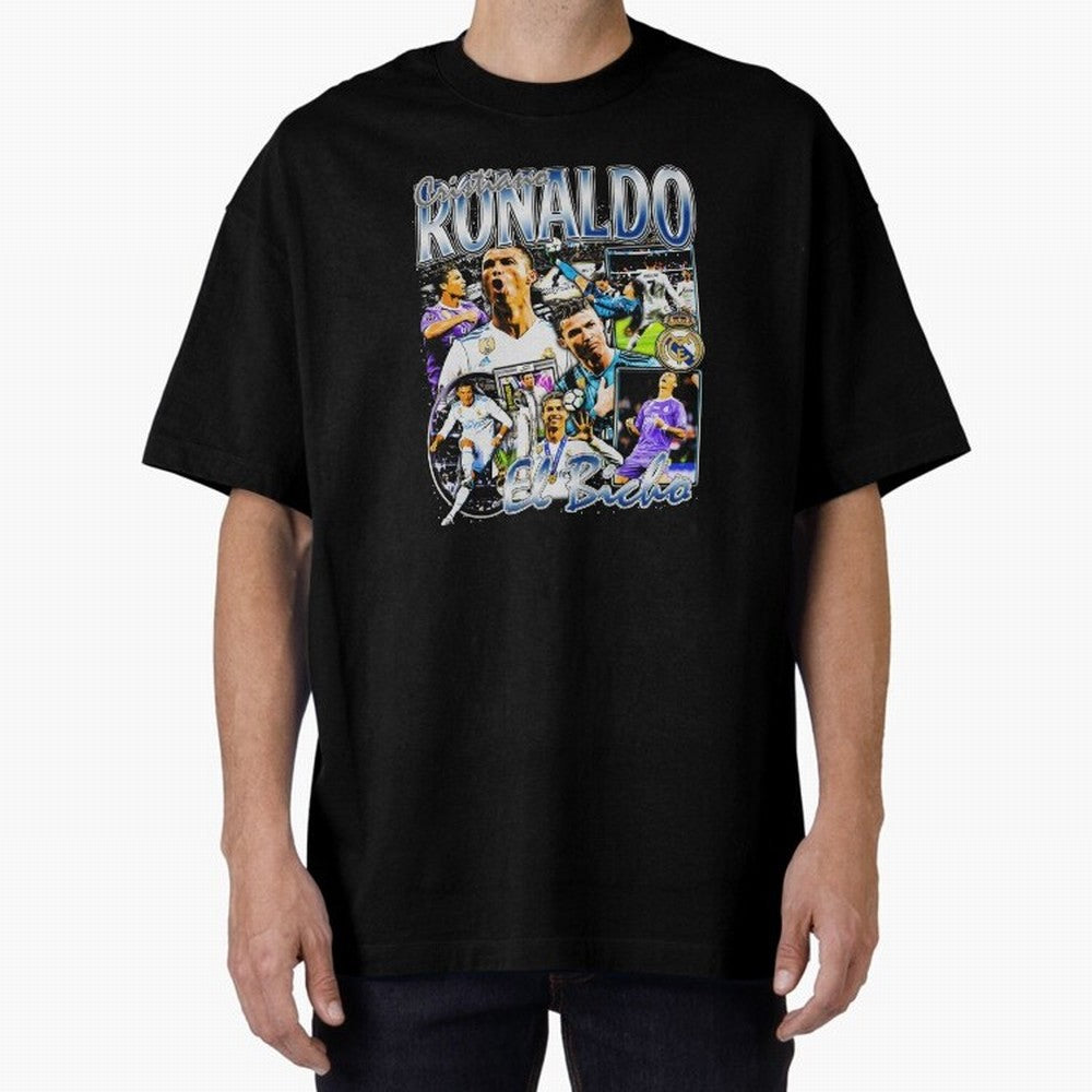 Cristiano Ronaldo El Bicho Oversized T-Shirt Celebrate Rivalries and Pride in FIFA World Cup 2026 Group Stage Spirit, Centered on France, Messi, CR7 and Mbappe, Global Supporter Spirit, Legendary Goals, National Colors and Tournament Celebration;