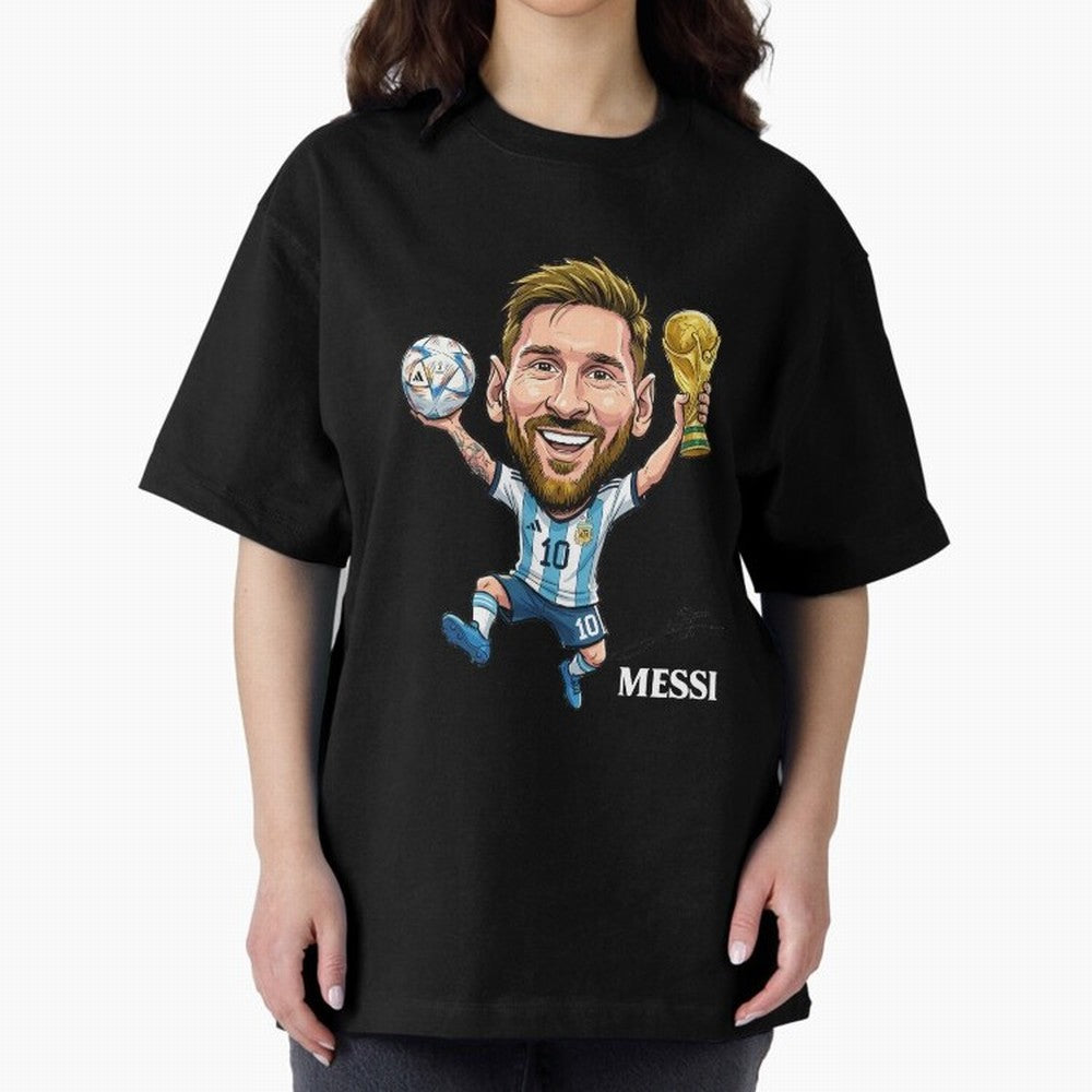 Messi Campion Oversized T-Shirt Celebrate the Biggest Stage of FIFA World Cup 2026 USA Canada Mexico for Fans of Cristiano Ronaldo and France and Portugal, Bringing Worldwide Fan Energy, Dramatic Goals, Stadium Lights and Championship Celebrations;