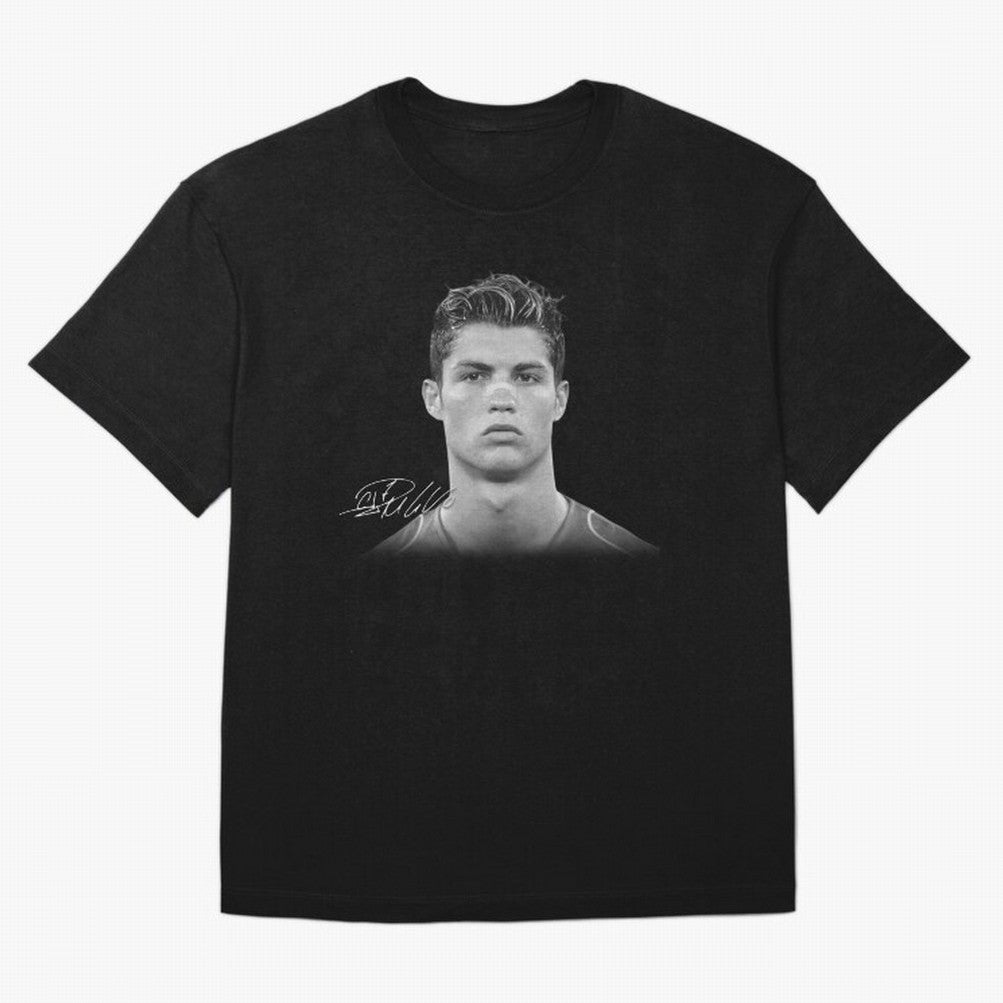 Cristiano Ronaldo T-Shirt Big Face Young Ronaldo - Black and White Oversized T-Shirt Showcase the FIFA World Cup 2026 Group Stage Journey through Mbappe and Neymar Highlights, England Pride, Game Day Rituals, Football Legends, Country Pride and the