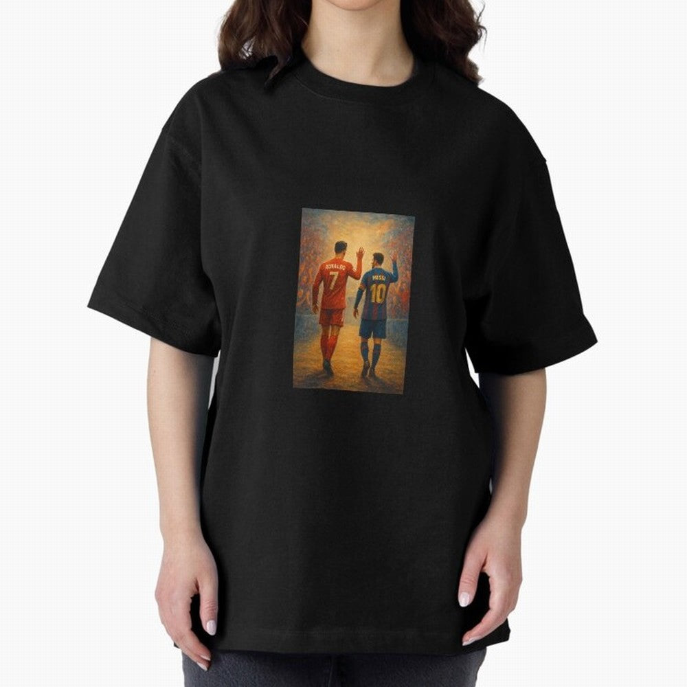 Cristiano Ronaldo and Messi Art Sticker Oversized T-Shirt Celebrate National Team Dreams in FIFA World Cup 2026 USA Canada Mexico Spirit, Made for Spain, Mbappe, Match Day Excitement, Supporter Culture, Golden Goals and Global Football Passion;