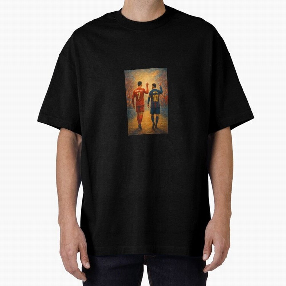 Cristiano Ronaldo and Messi Art Sticker Oversized T-Shirt Celebrate National Team Dreams in FIFA World Cup 2026 USA Canada Mexico Spirit, Made for Spain, Mbappe, Match Day Excitement, Supporter Culture, Golden Goals and Global Football Passion;