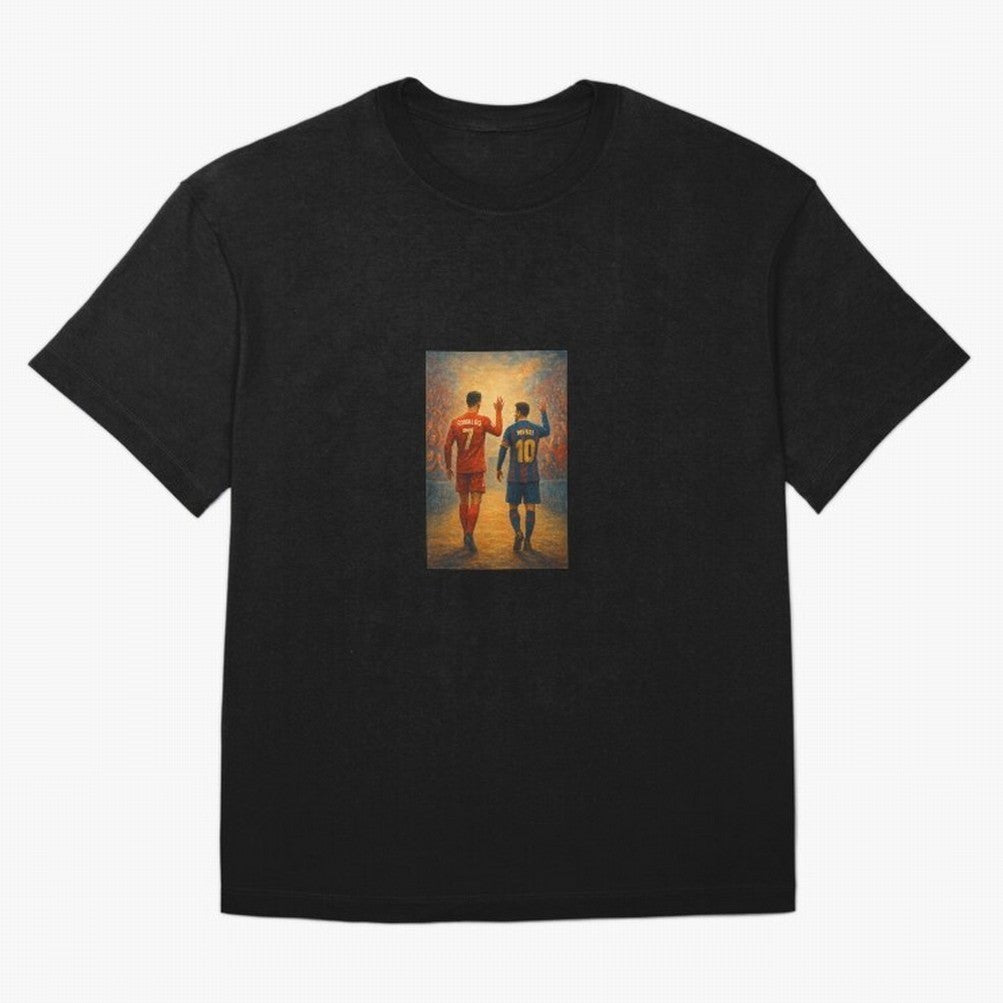 Cristiano Ronaldo and Messi Art Sticker Oversized T-Shirt Celebrate National Team Dreams in FIFA World Cup 2026 USA Canada Mexico Spirit, Made for Spain, Mbappe, Match Day Excitement, Supporter Culture, Golden Goals and Global Football Passion;