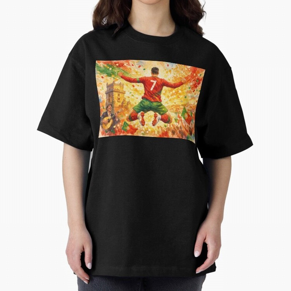 Soccer Player in Mid-Air Celebration Legend CR7 Oversized T-Shirt Join Supporters Worldwide for the FIFA World Cup 2026 Journey through CR7 Highlights, England Pride, Stadium Chants, National Pride, Trophy Dreams and Unforgettable Football