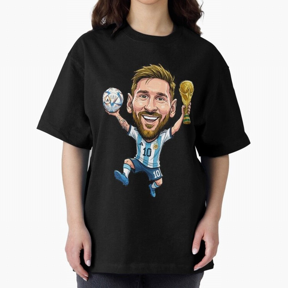 Messi Campion Caricatur Oversized T-Shirt Live for the Drama of Global Football Passion for FIFA World Cup 2026 Group Stage, Featuring Haaland and Mbappe, England, Football Passion, Legendary Performances, Festival Vibes and Supporter Community;