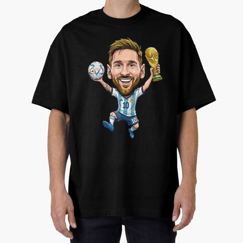 Messi Campion Caricatur Oversized T-Shirt Live for the Drama of Global Football Passion for FIFA World Cup 2026 Group Stage, Featuring Haaland and Mbappe, England, Football Passion, Legendary Performances, Festival Vibes and Supporter Community;