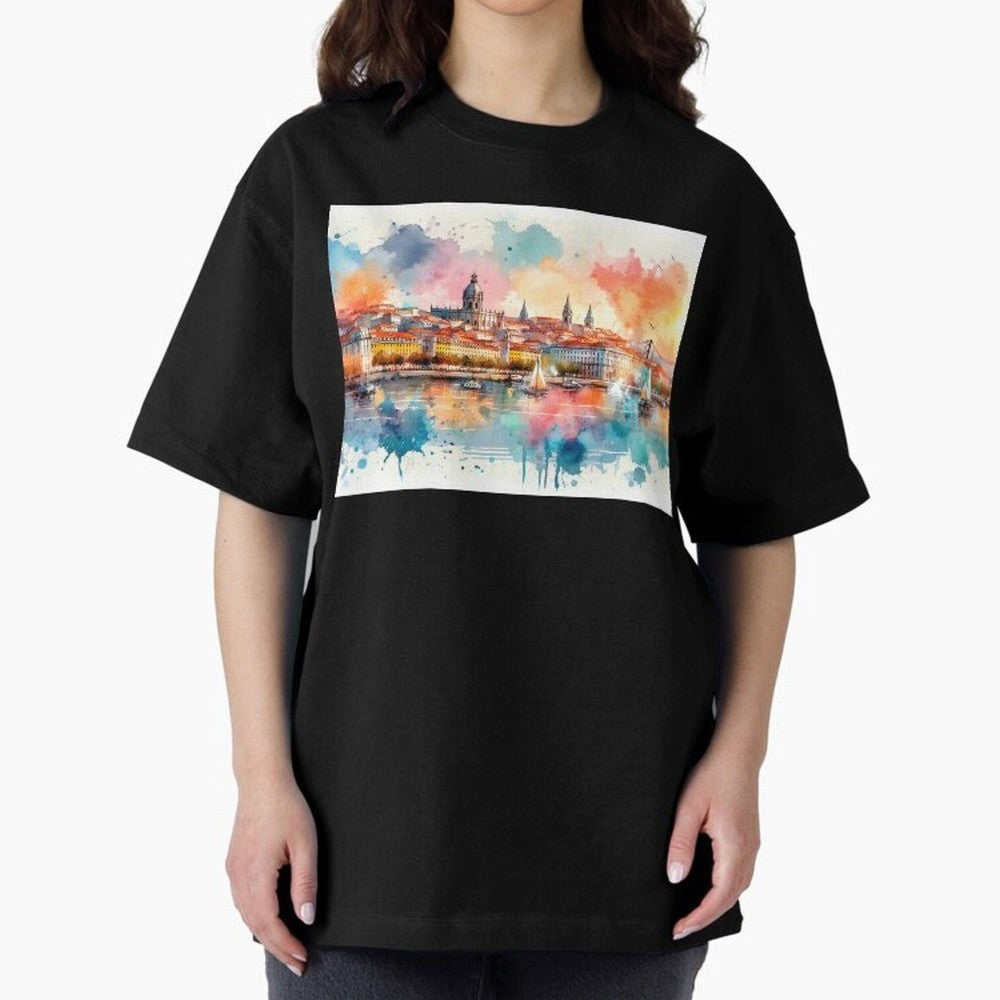 Lisbon cityscape with sailboats Oversized T-Shirt Enjoy the Biggest Football Party of Global Football Passion for FIFA World Cup 2026 USA Canada Mexico, Filled with Messi, Neymar and Mbappe, Germany, Vintage Soccer Flavor, Modern Football Stars,