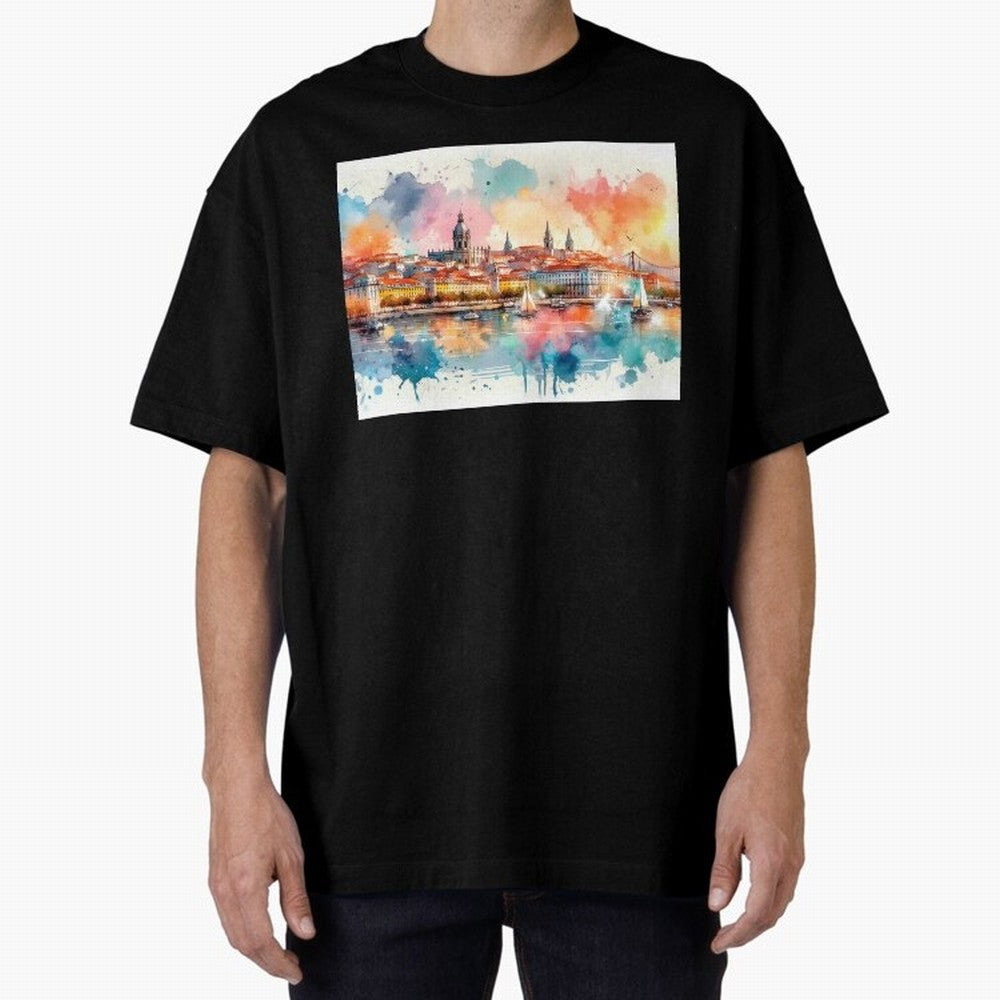 Lisbon cityscape with sailboats Oversized T-Shirt Enjoy the Biggest Football Party of Global Football Passion for FIFA World Cup 2026 USA Canada Mexico, Filled with Messi, Neymar and Mbappe, Germany, Vintage Soccer Flavor, Modern Football Stars,
