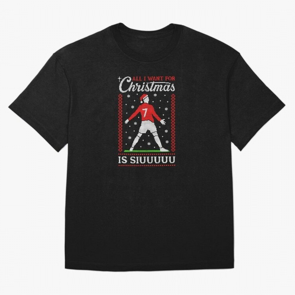 All I Want For Christmas Is Siuu Funny Christmas Festive Knitted Oversized T-Shirt Honor the Football Icons of FIFA World Cup 2026 Group Stage Connected to Neymar, Haaland and Cristiano Ronaldo, Brazil, Portugal and Argentina Energy, Stadium