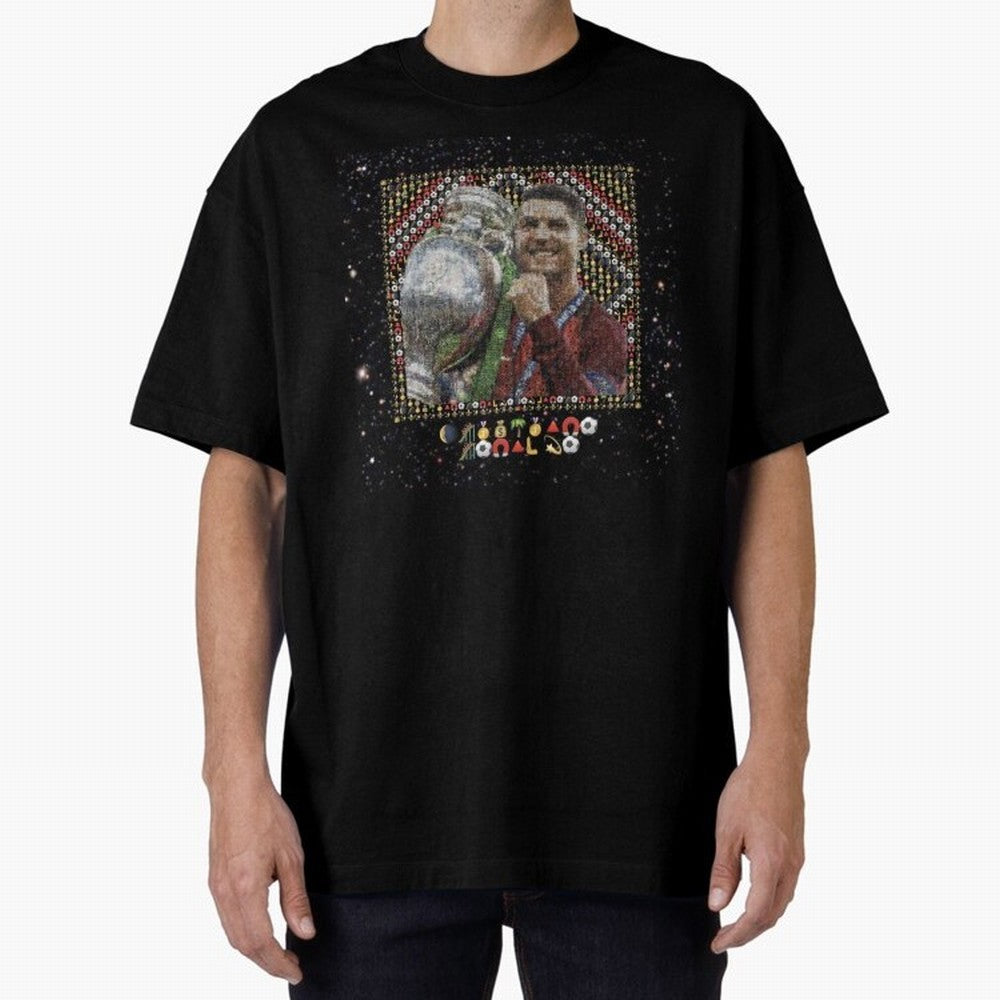 Cristiano Ronaldo Inspired Emoji Mosaic Art ¨C Football Champion Trophy Tribute Poster Oversized T-Shirt Join Supporters Worldwide for FIFA World Cup 2026 Spirit, Driven by Spain and Netherlands, Neymar, Haaland and Cristiano Ronaldo, Global