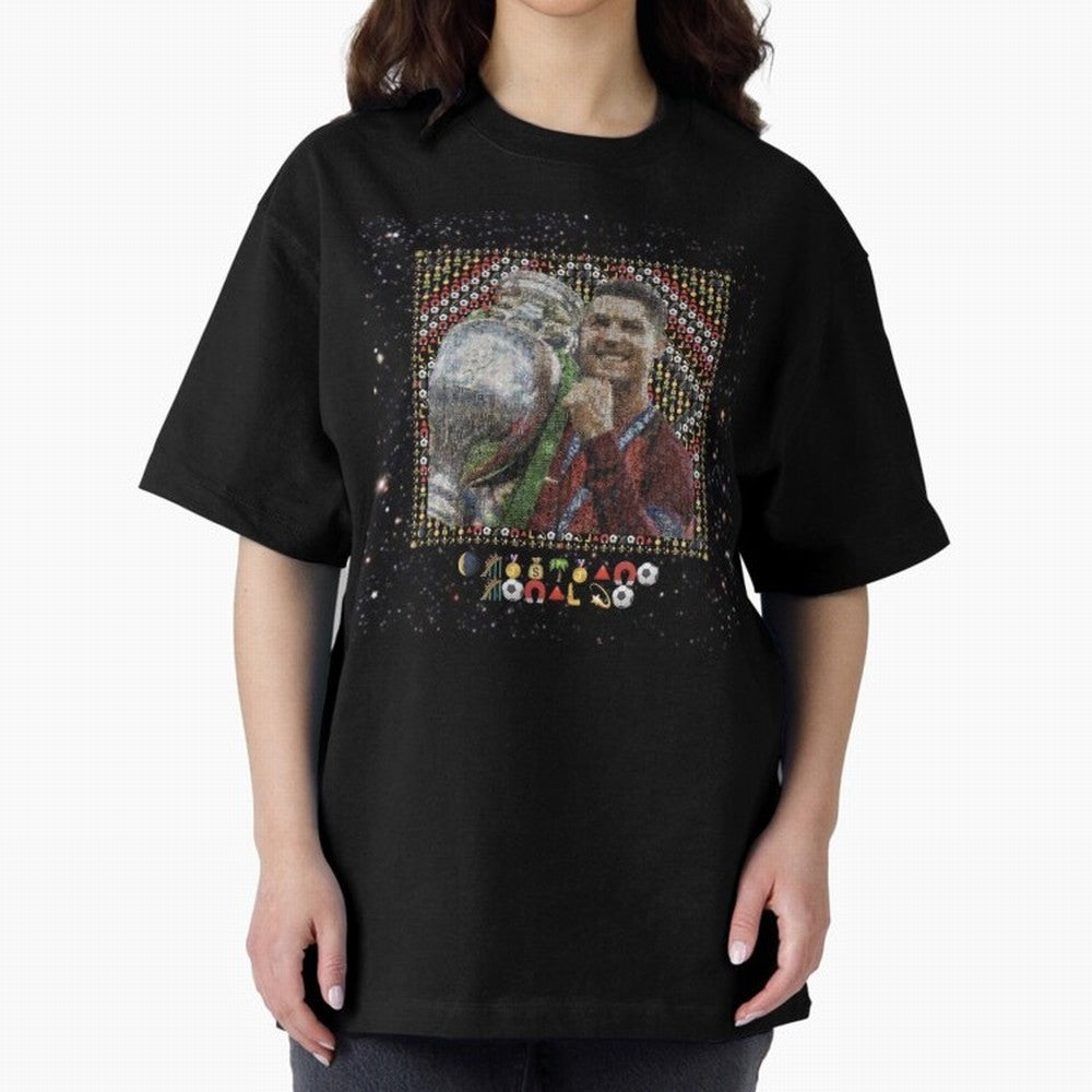 Cristiano Ronaldo Inspired Emoji Mosaic Art ¨C Football Champion Trophy Tribute Poster Oversized T-Shirt Join Supporters Worldwide for FIFA World Cup 2026 Spirit, Driven by Spain and Netherlands, Neymar, Haaland and Cristiano Ronaldo, Global