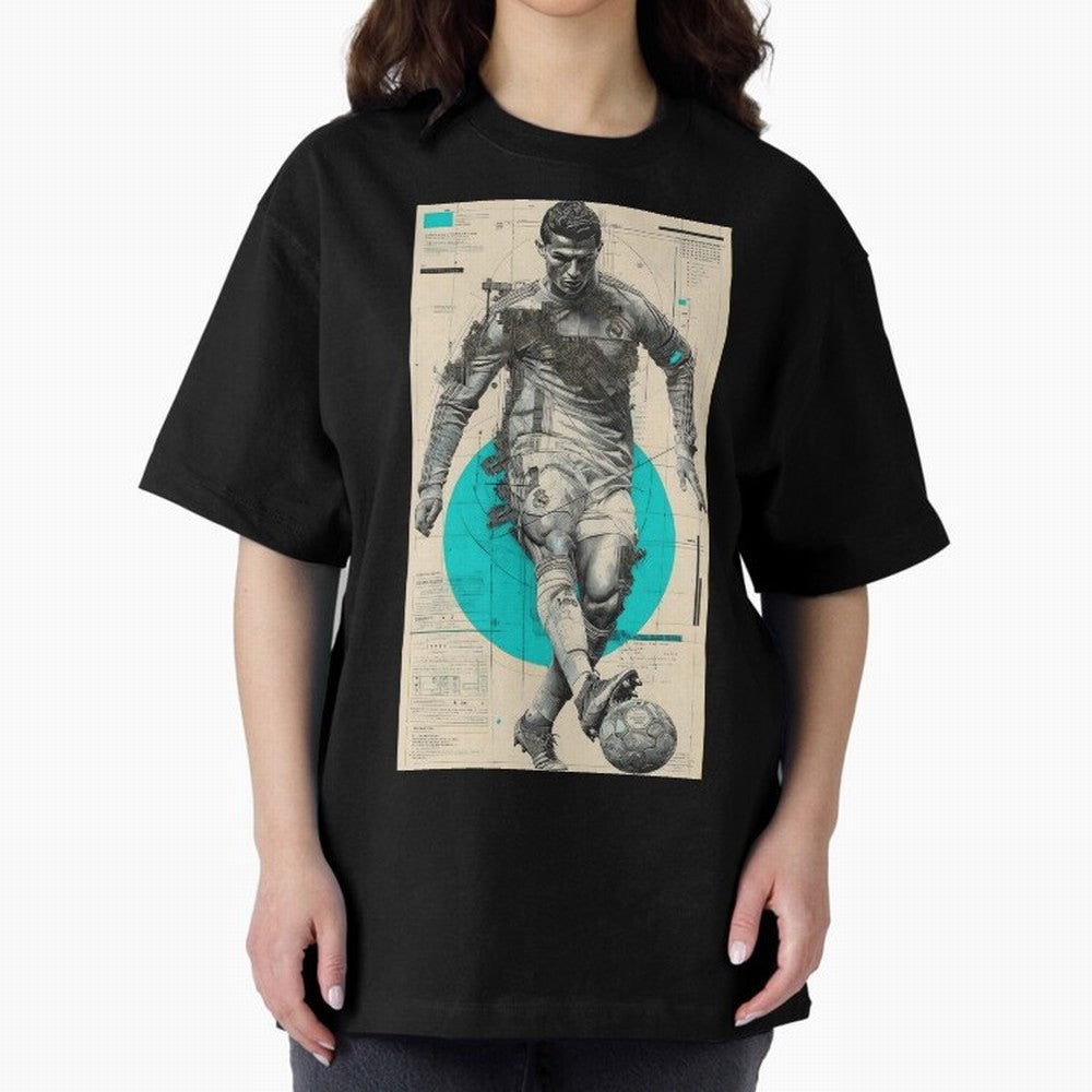 Futuristic Cristiano Ronaldo Illustration ¨C Cyber-Tech Football Art Oversized T-Shirt Honor the Football Icons of Match Day Hype around FIFA World Cup 2026 Group Stage, Haaland and Mbappe, Argentina and Brazil, Vintage Soccer Flavor, Modern