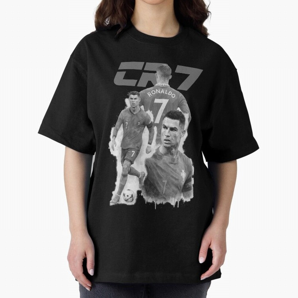 CR7 Cristiano Ronaldo illustration ink black white watercolour Oversized T-Shirt Bring Retro Soccer Energy to FIFA World Cup 2026 Group Stage Spirit, Driven by Portugal, Spain and Germany, Haaland and Mbappe, Football History, Final Match Energy,
