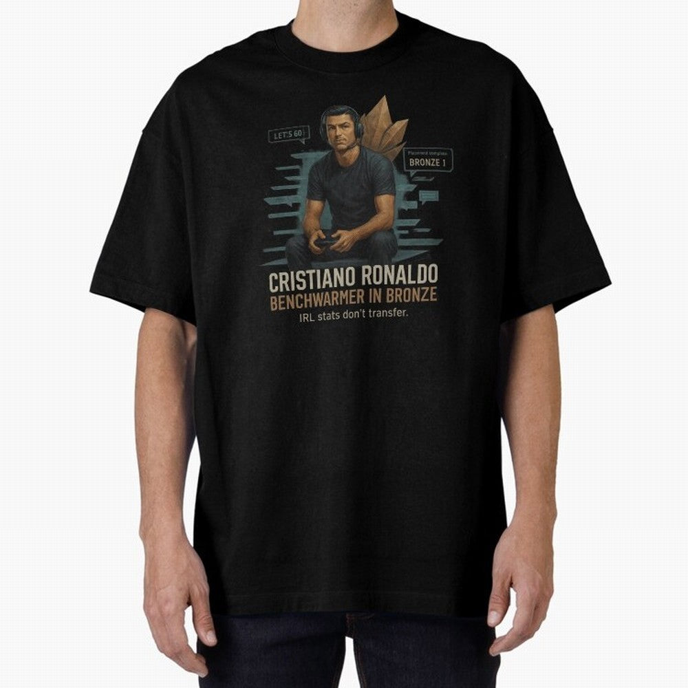 Cristiano Ronaldo Bronze Gamer ¨C Benchwarmers IRL Stats Don¡¯t Transfer Oversized T-Shirt Represent the Passion of FIFA World Cup 2026 USA Canada Mexico for Fans of Cristiano Ronaldo, Haaland and CR7 and Argentina and Brazil, Bringing Goal