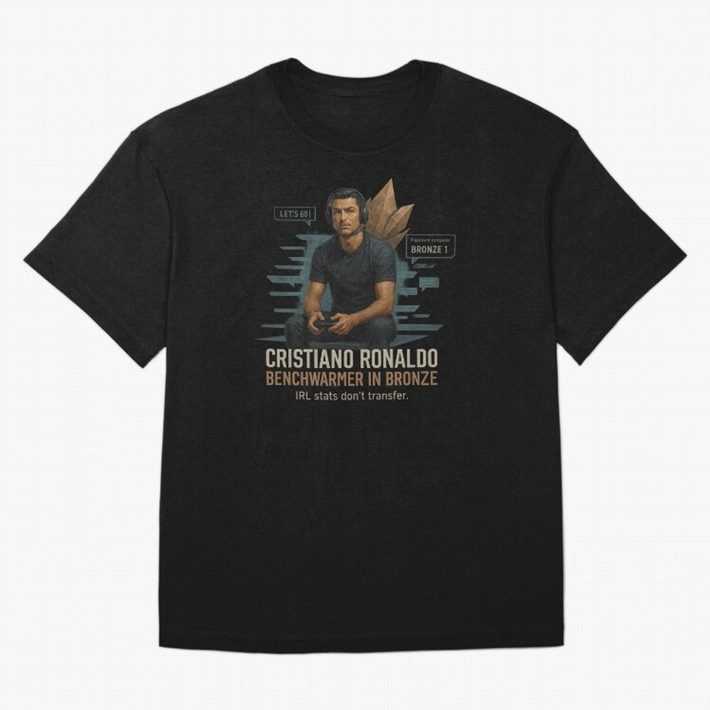 Cristiano Ronaldo Bronze Gamer ¨C Benchwarmers IRL Stats Don¡¯t Transfer Oversized T-Shirt Represent the Passion of FIFA World Cup 2026 USA Canada Mexico for Fans of Cristiano Ronaldo, Haaland and CR7 and Argentina and Brazil, Bringing Goal