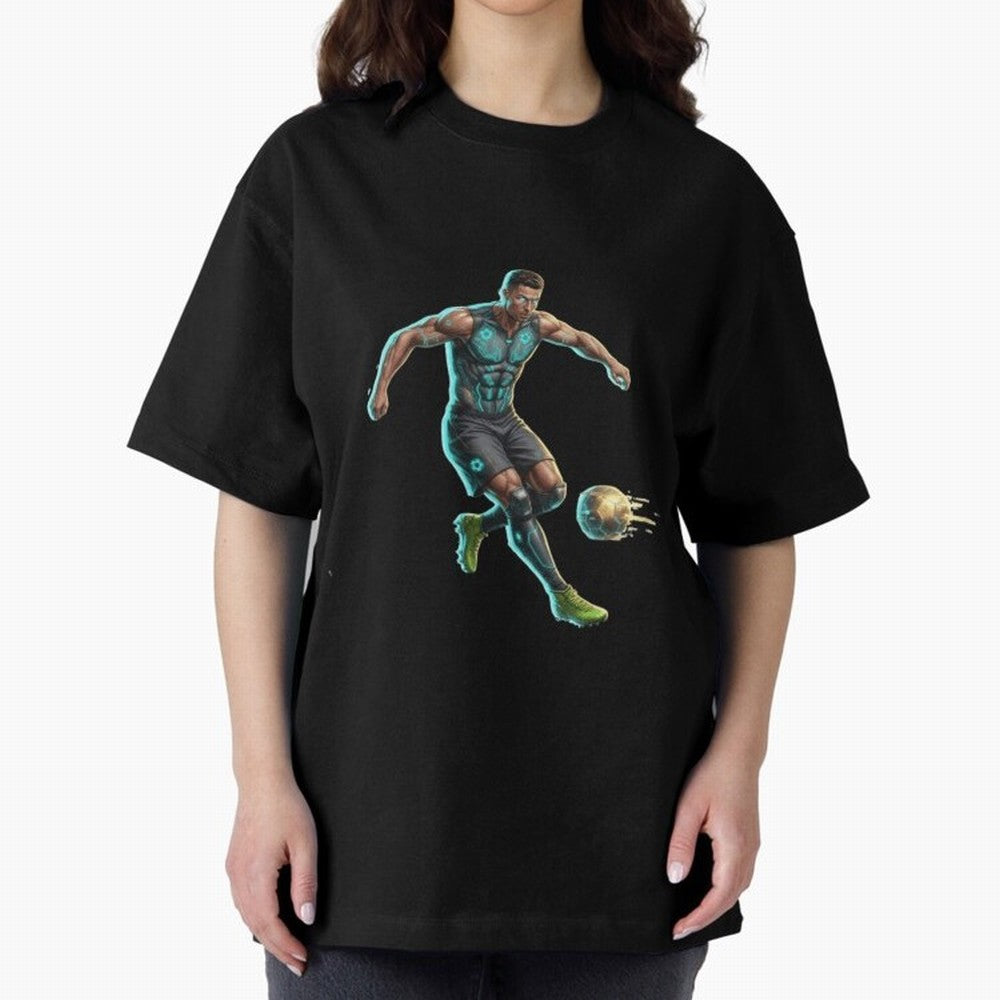 Cyberpunk Cristiano Ronaldo: Futuristic CR7 Kicking Glowing Soccer Ball Fan Art Oversized T-Shirt Celebrate Rivalries and Pride in FIFA World Cup 2026 USA Canada Mexico for Fans of Cristiano Ronaldo, Haaland and CR7 and Portugal, Spain and Germany,