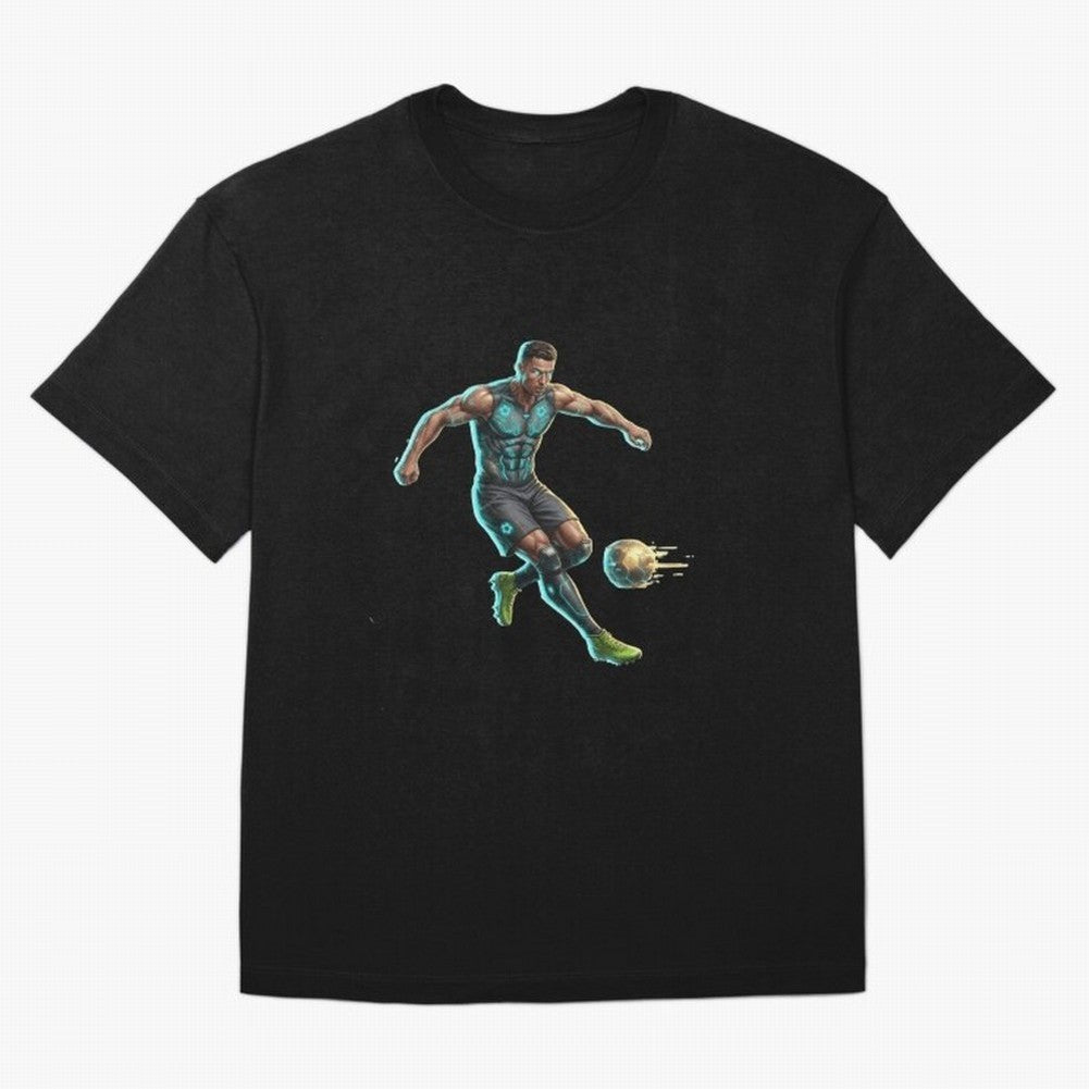 Cyberpunk Cristiano Ronaldo: Futuristic CR7 Kicking Glowing Soccer Ball Fan Art Oversized T-Shirt Celebrate Rivalries and Pride in FIFA World Cup 2026 USA Canada Mexico for Fans of Cristiano Ronaldo, Haaland and CR7 and Portugal, Spain and Germany,