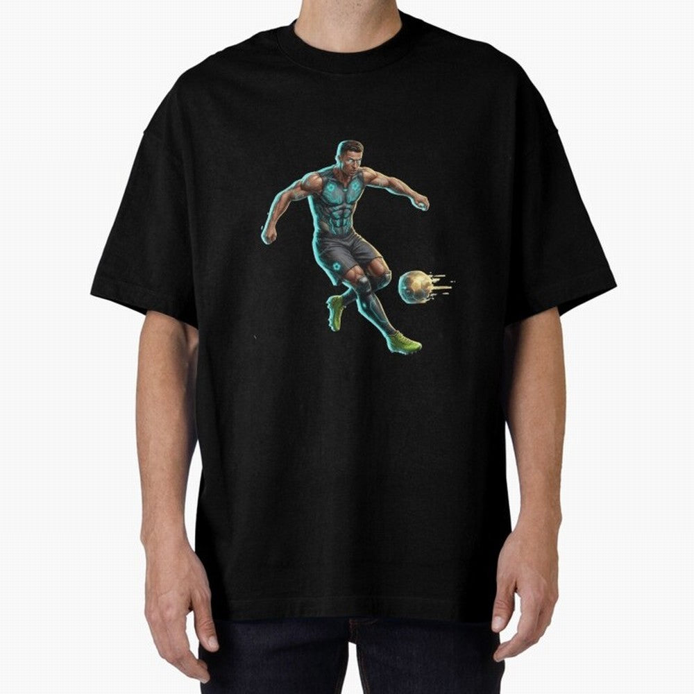Cyberpunk Cristiano Ronaldo: Futuristic CR7 Kicking Glowing Soccer Ball Fan Art Oversized T-Shirt Celebrate Rivalries and Pride in FIFA World Cup 2026 USA Canada Mexico for Fans of Cristiano Ronaldo, Haaland and CR7 and Portugal, Spain and Germany,