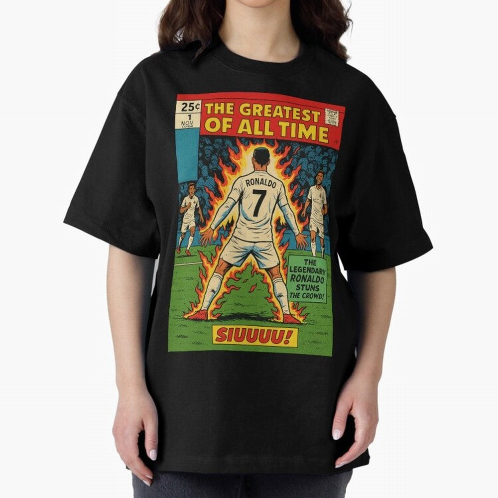 CR7 comic cover Oversized T-Shirt Feel International Energy from Global Football Passion for FIFA World Cup 2026, Connected to CR7, Argentina, France and Brazil, Classic Soccer Heritage, Championship Pressure, Fan Loyalty and International Pride;