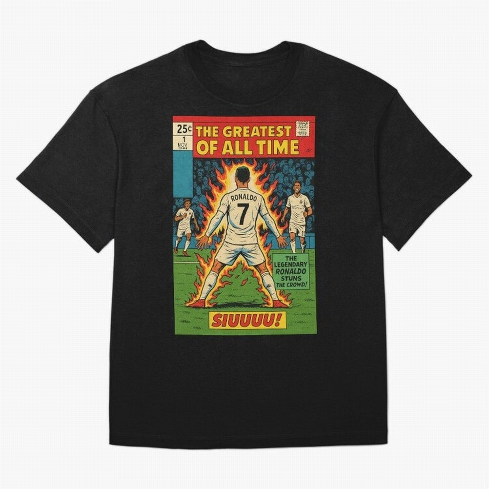 CR7 comic cover Oversized T-Shirt Feel International Energy from Global Football Passion for FIFA World Cup 2026, Connected to CR7, Argentina, France and Brazil, Classic Soccer Heritage, Championship Pressure, Fan Loyalty and International Pride;