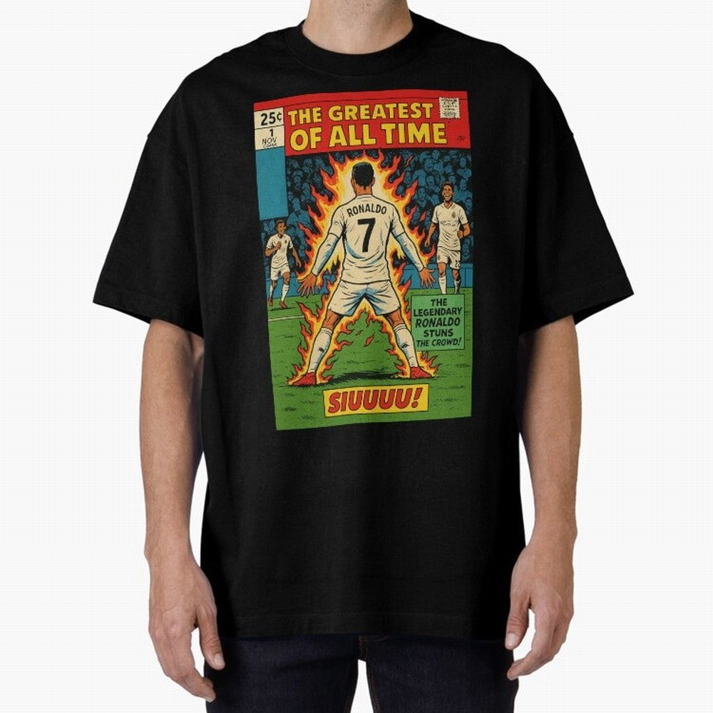 CR7 comic cover Oversized T-Shirt Feel International Energy from Global Football Passion for FIFA World Cup 2026, Connected to CR7, Argentina, France and Brazil, Classic Soccer Heritage, Championship Pressure, Fan Loyalty and International Pride;