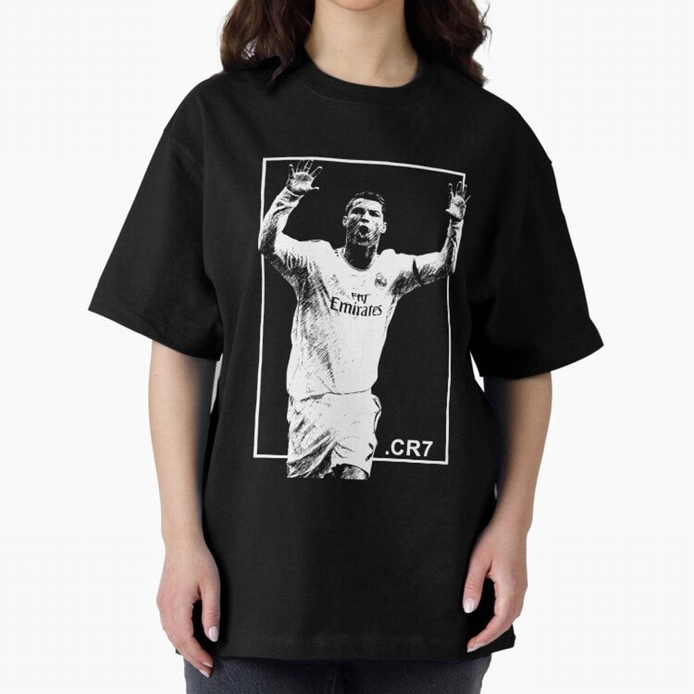 Cristiano Ronaldo CR7 in Black and White Design Oversized T-Shirt Honor Football Greatness during Global Football Passion for FIFA World Cup 2026 USA Canada Mexico, Inspired by CR7, England, Supporter Pride, Iconic Celebrations, Legendary Names and