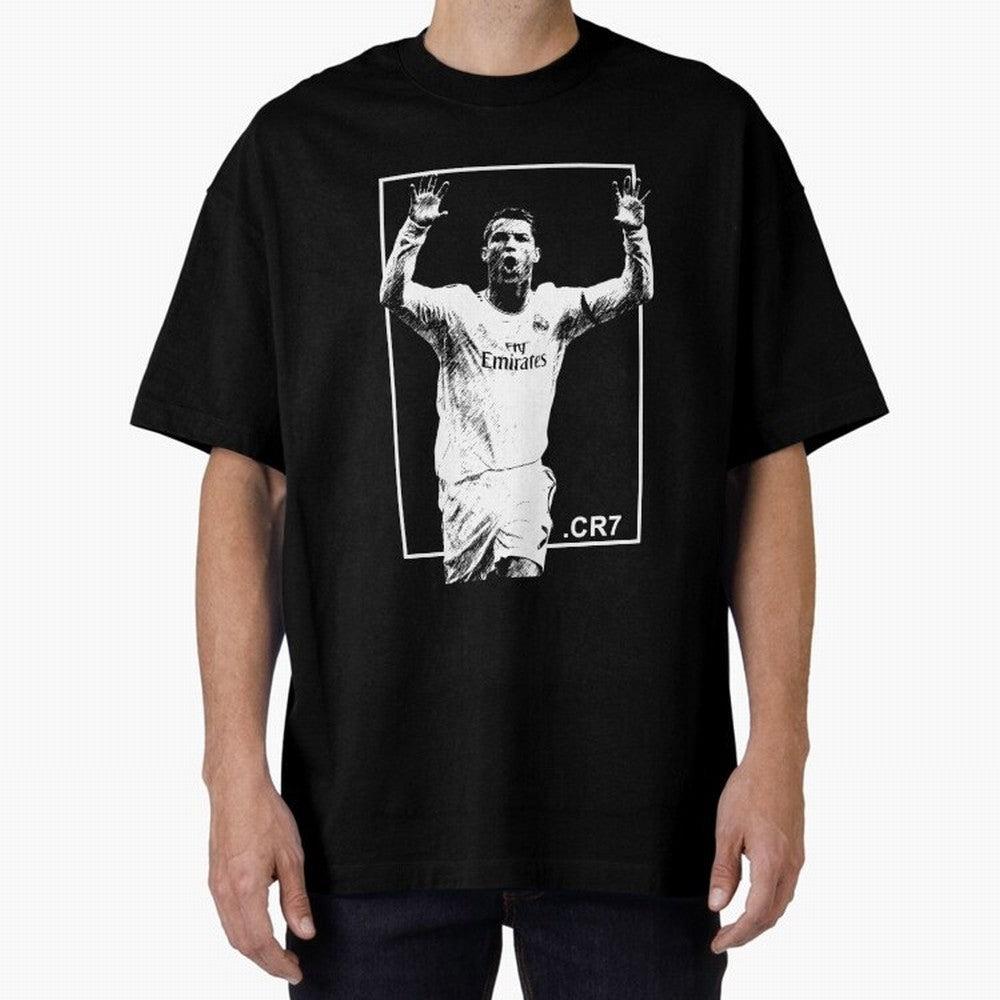 Cristiano Ronaldo CR7 in Black and White Design Oversized T-Shirt Honor Football Greatness during Global Football Passion for FIFA World Cup 2026 USA Canada Mexico, Inspired by CR7, England, Supporter Pride, Iconic Celebrations, Legendary Names and
